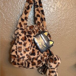Leopard Print Faux Fur Tote Bag with Cat Charm